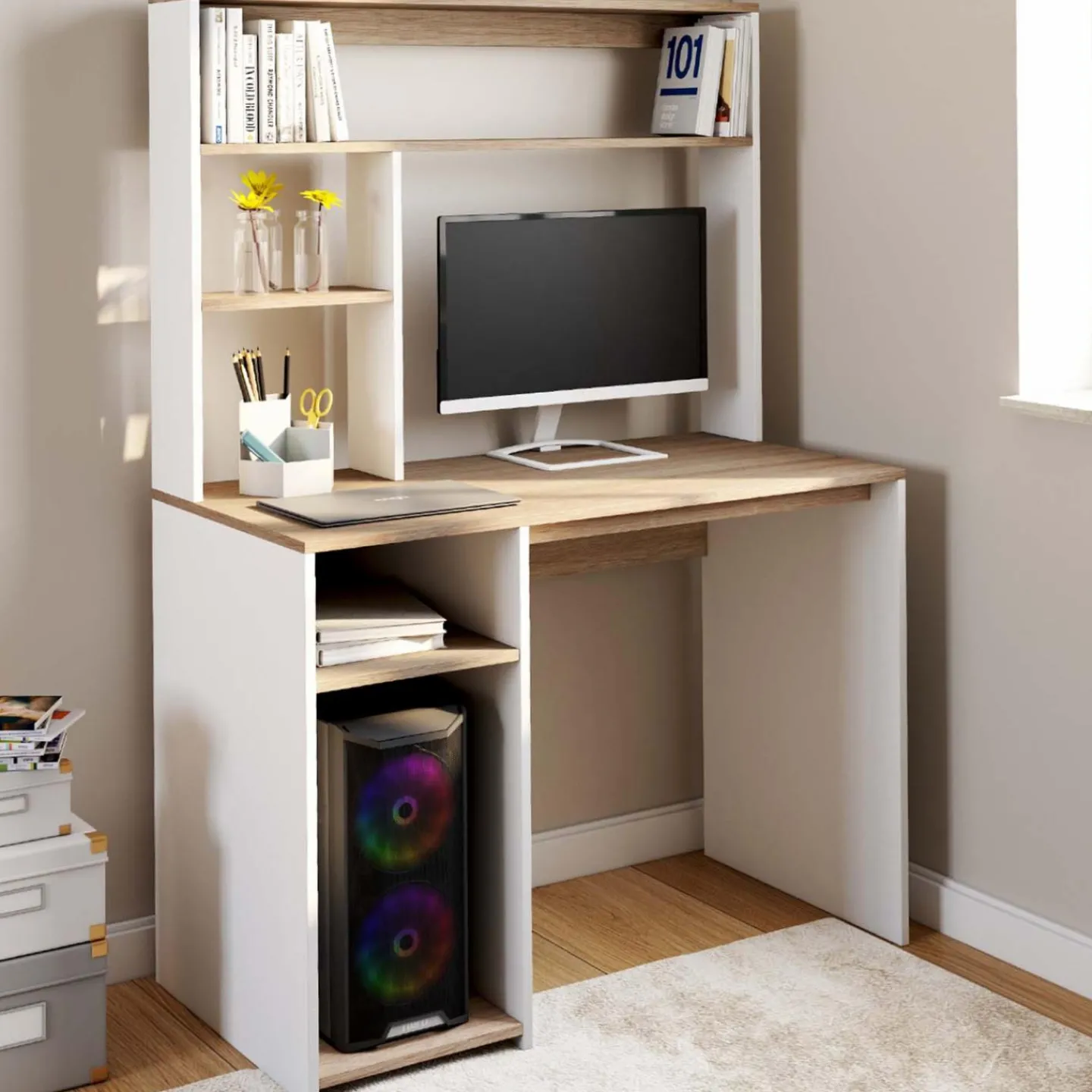 Bureau avec rangements blanc et bois façon hêtre*IDMarket Outlet