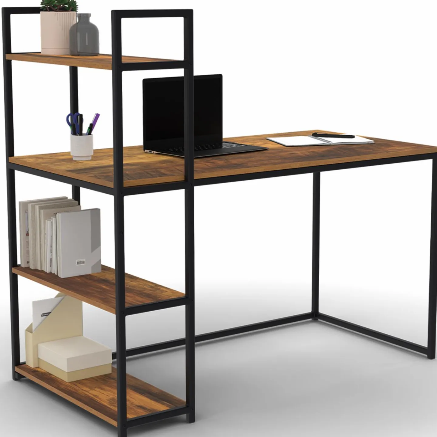 Bureau avec étagères style industriel effet bois vieilli*IDMarket New