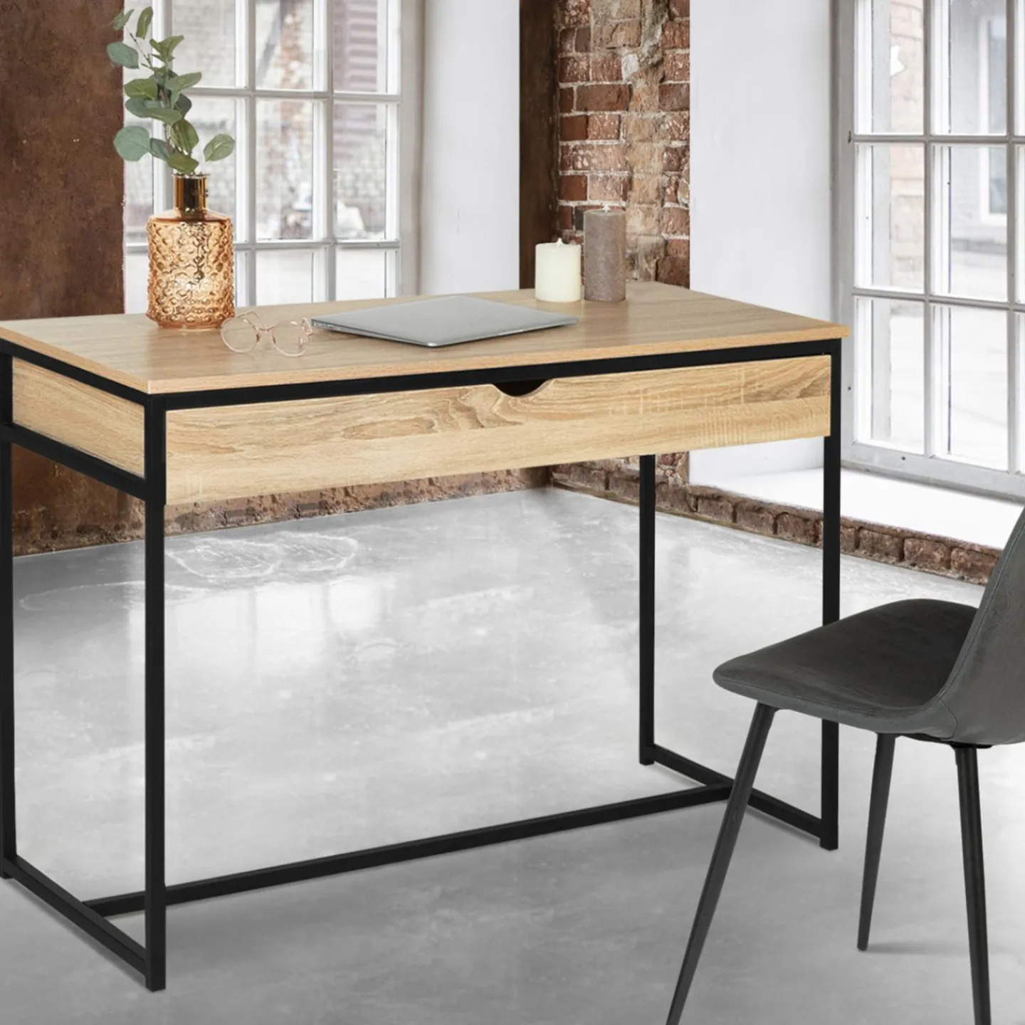 Bureau avec tiroir en métal noir et bois*IDMarket Clearance