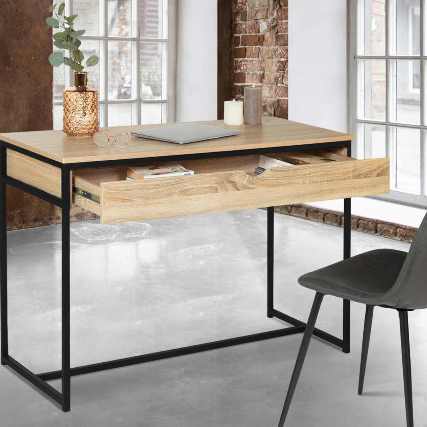 Bureau avec tiroir en métal noir et bois*IDMarket Clearance