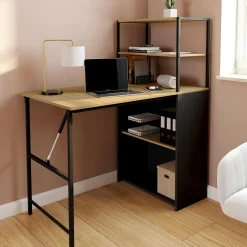 Bureau bibliothèque pliable plateau rabattable bois façon hêtre et noir*IDMarket New