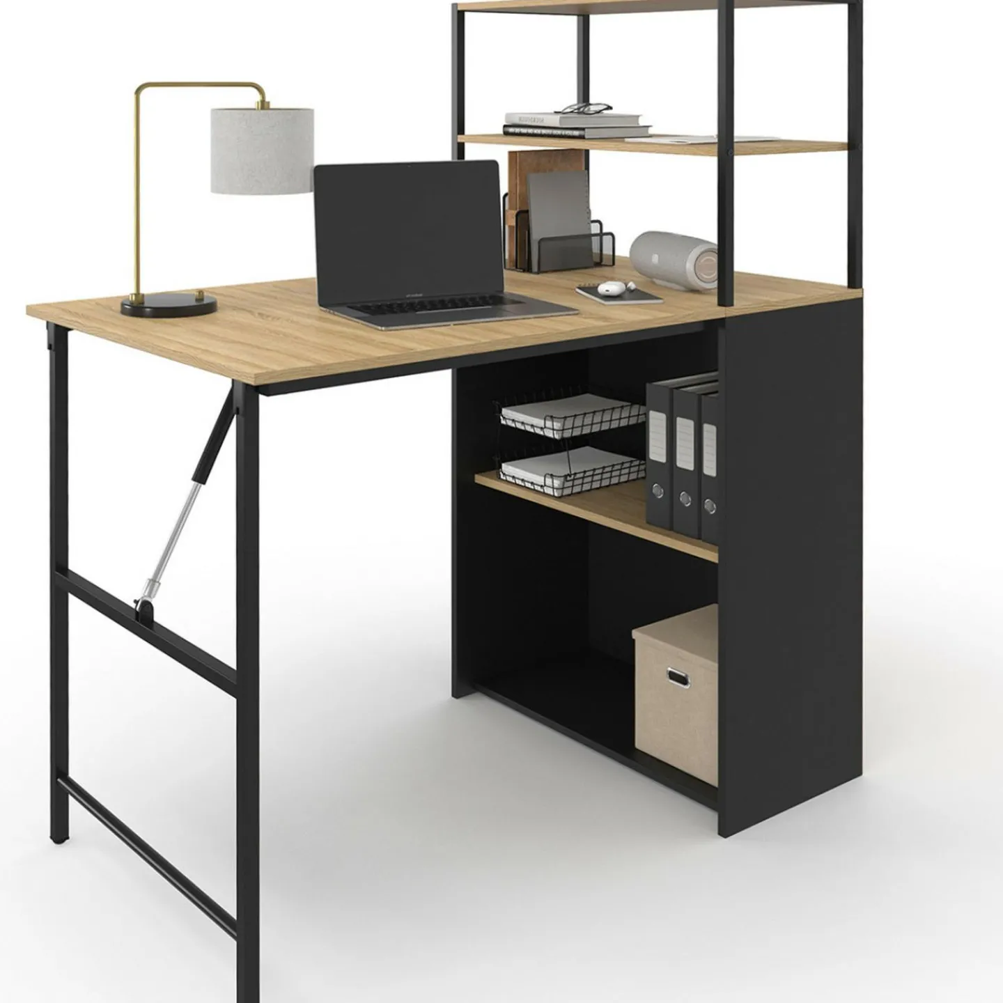 Bureau bibliothèque pliable plateau rabattable bois façon hêtre et noir*IDMarket New