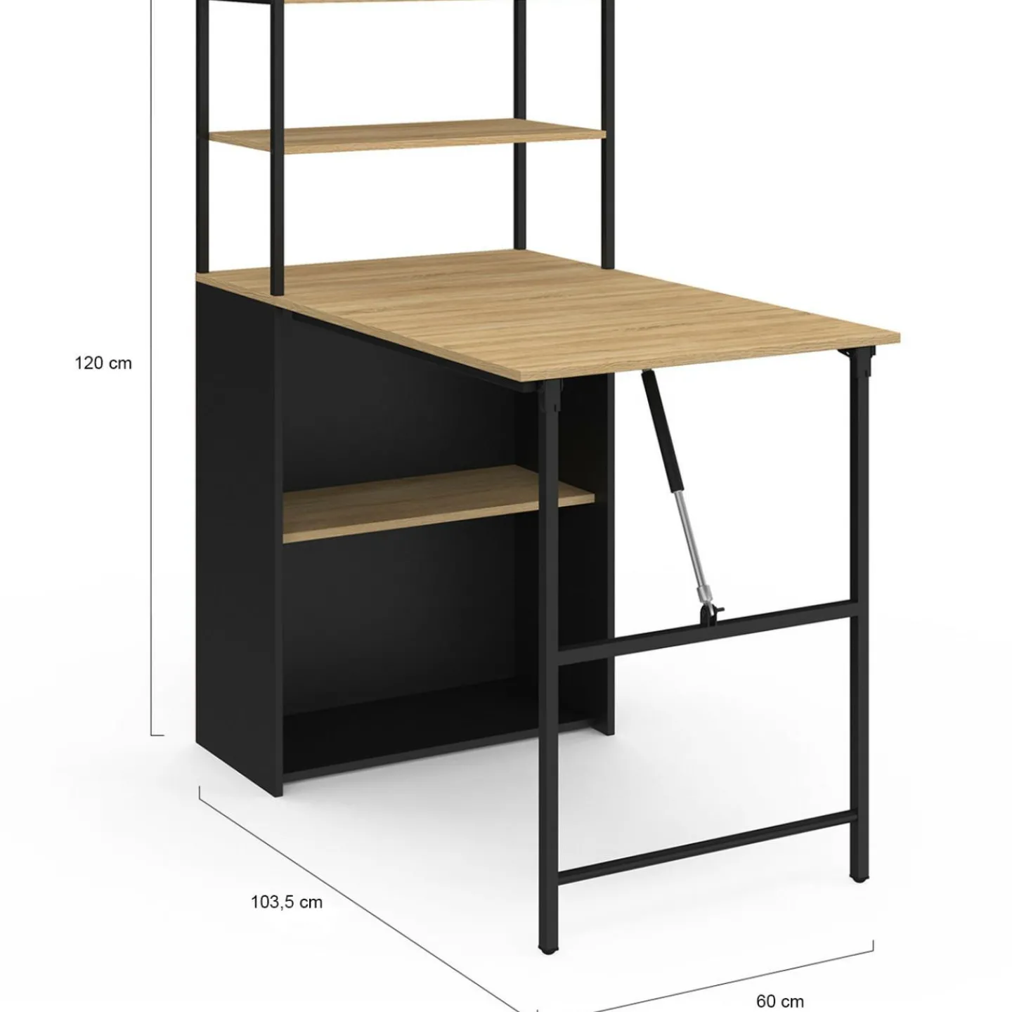 Bureau bibliothèque pliable plateau rabattable bois façon hêtre et noir*IDMarket New