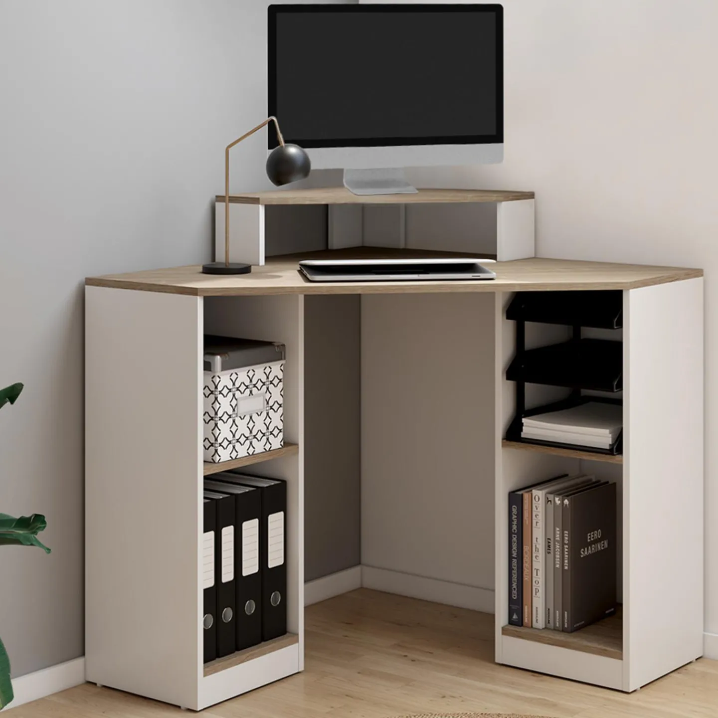 Bureau d'angle avec rangements blanc et façon hêtre*IDMarket Discount