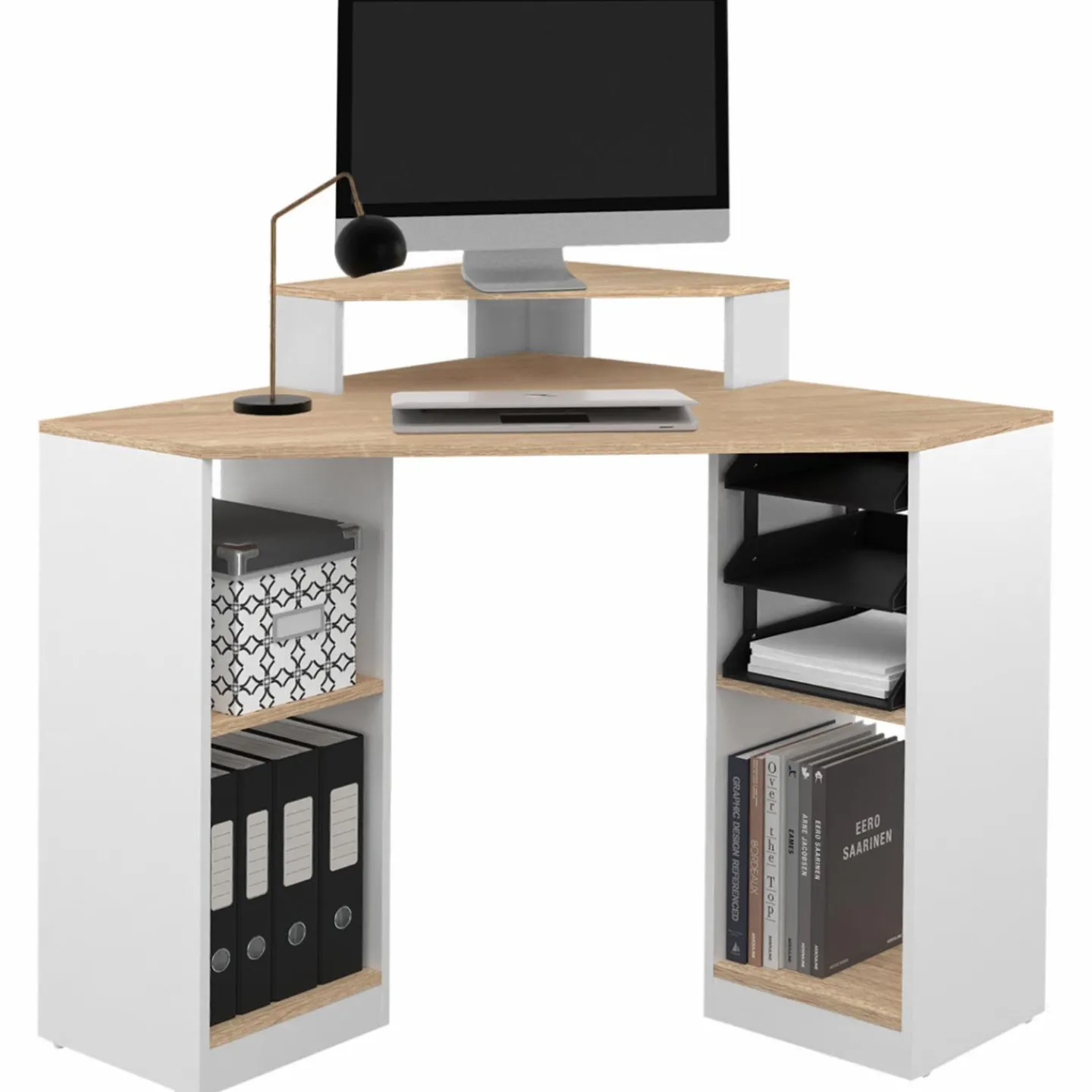 Bureau d'angle avec rangements blanc et façon hêtre*IDMarket Discount