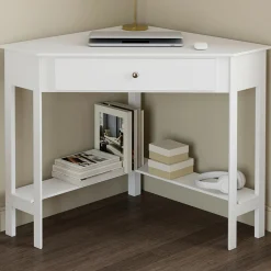 Bureau d'angle gain de place bureau informatique blanc avec rangements et 1 tiroir*IDMarket Sale