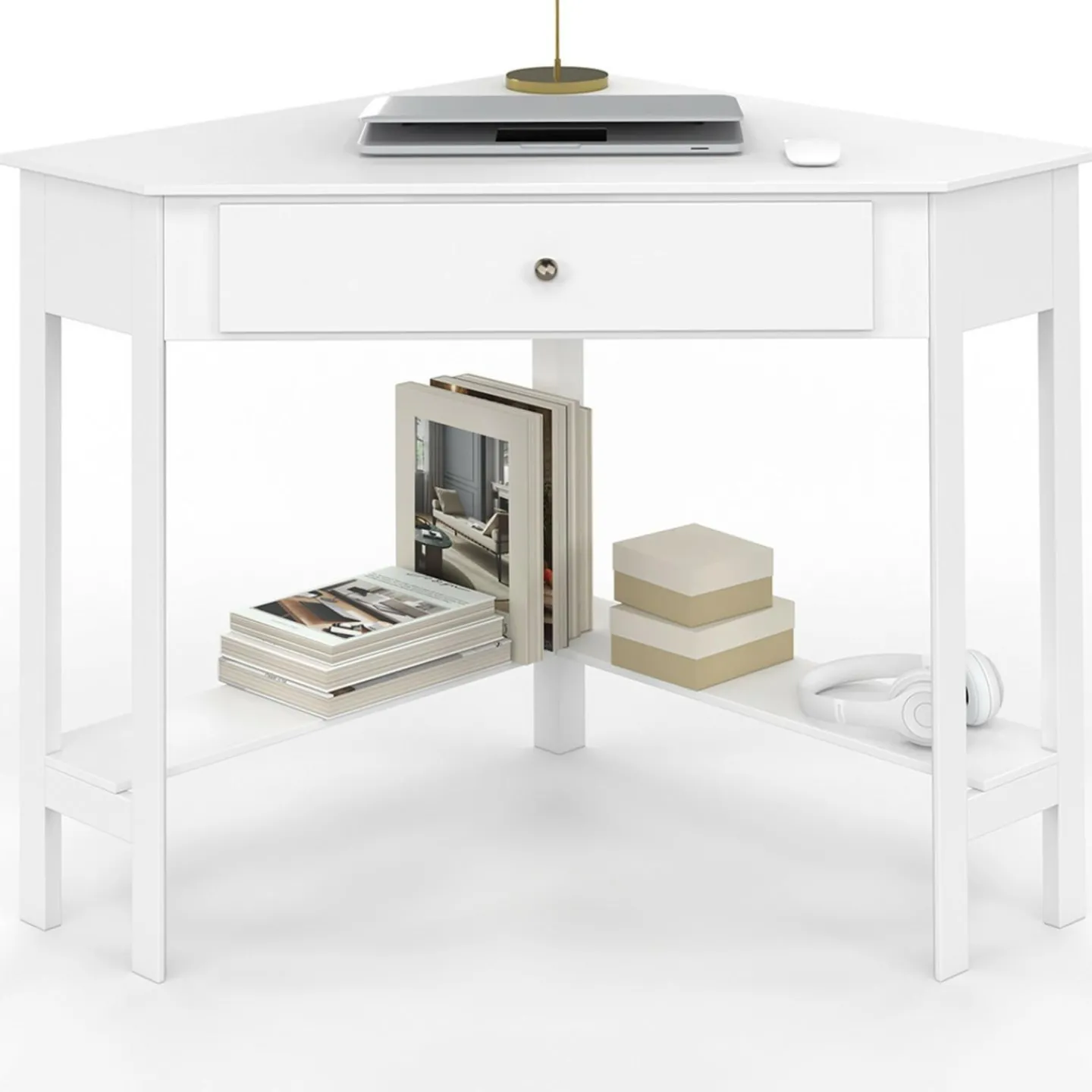 Bureau d'angle gain de place bureau informatique blanc avec rangements et 1 tiroir*IDMarket Sale