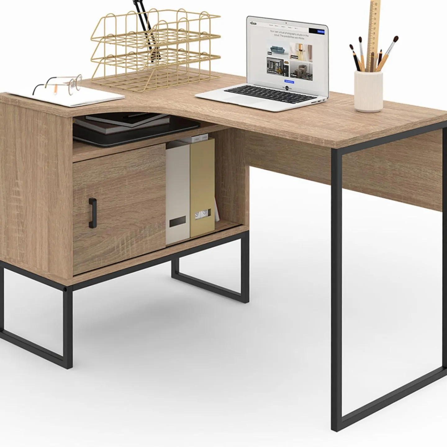 Bureau d'angle industriel noir et façon hêtre*IDMarket Best