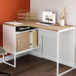 Bureau d’angle industriel métal blanc et bois façon hêtre*IDMarket New