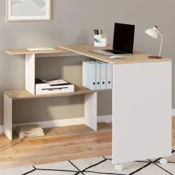 Bureau d'angle rotatif en bois hêtre et blanc*IDMarket