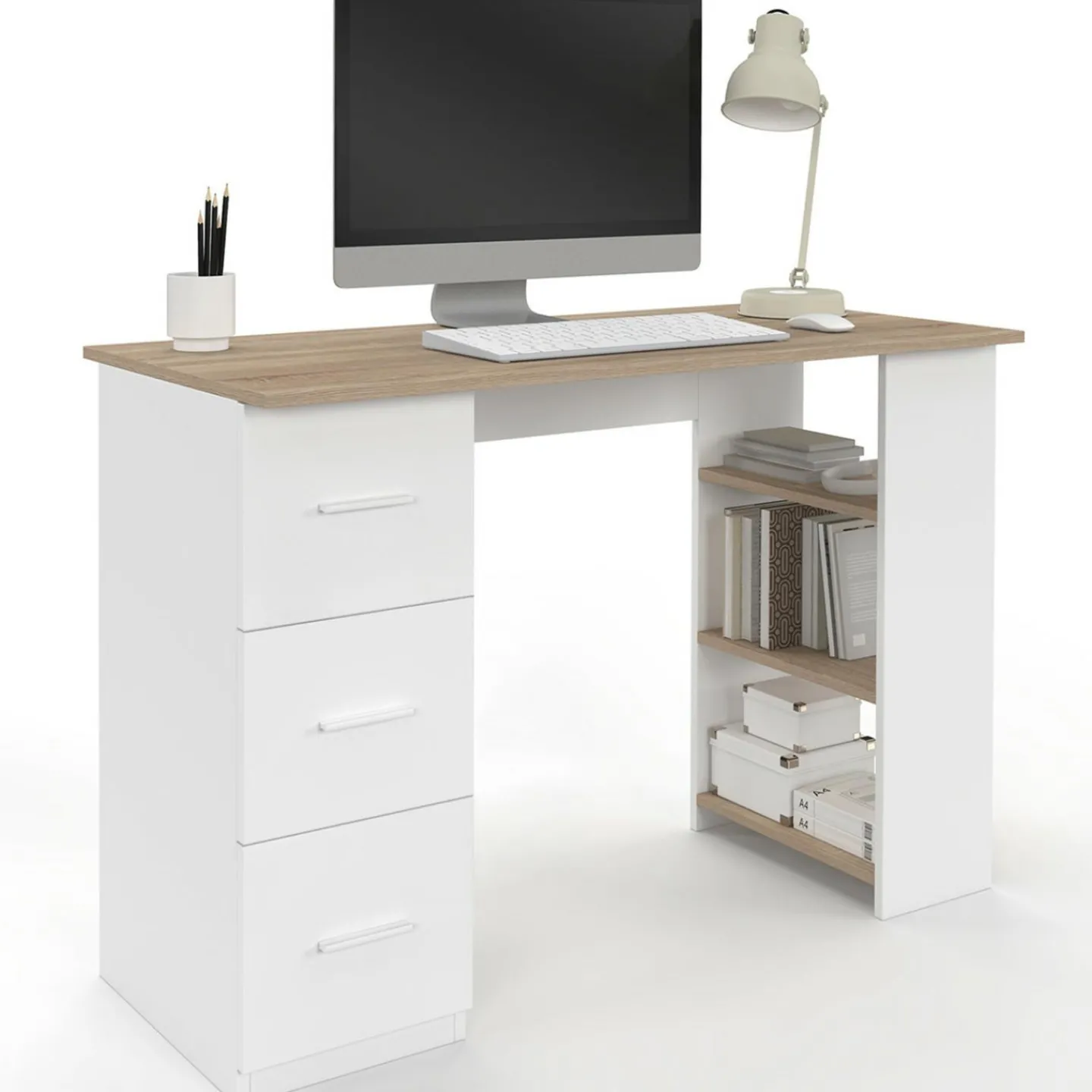 Bureau droit 3 tiroirs avec étagères de rangement blanc et bois*IDMarket Online