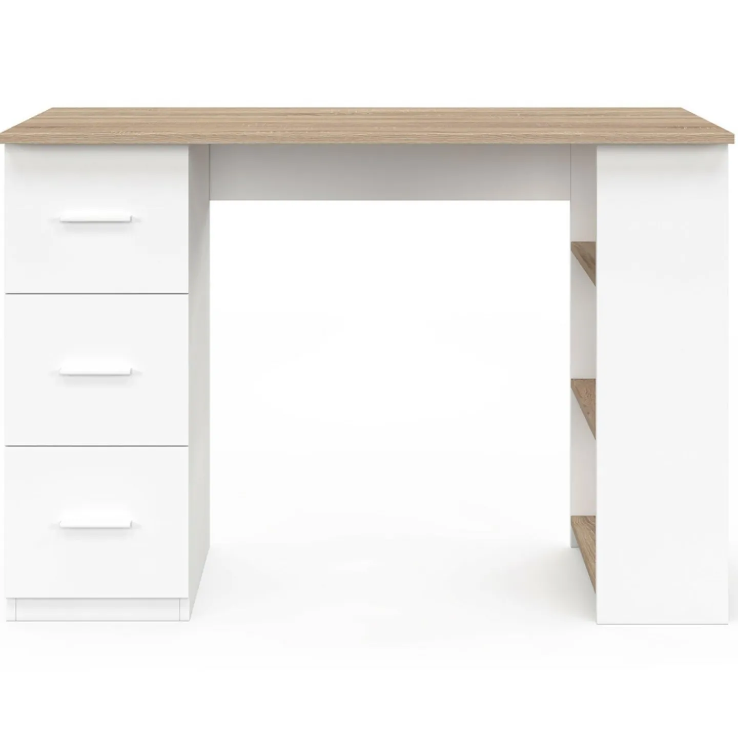 Bureau droit 3 tiroirs avec étagères de rangement blanc et bois*IDMarket Online