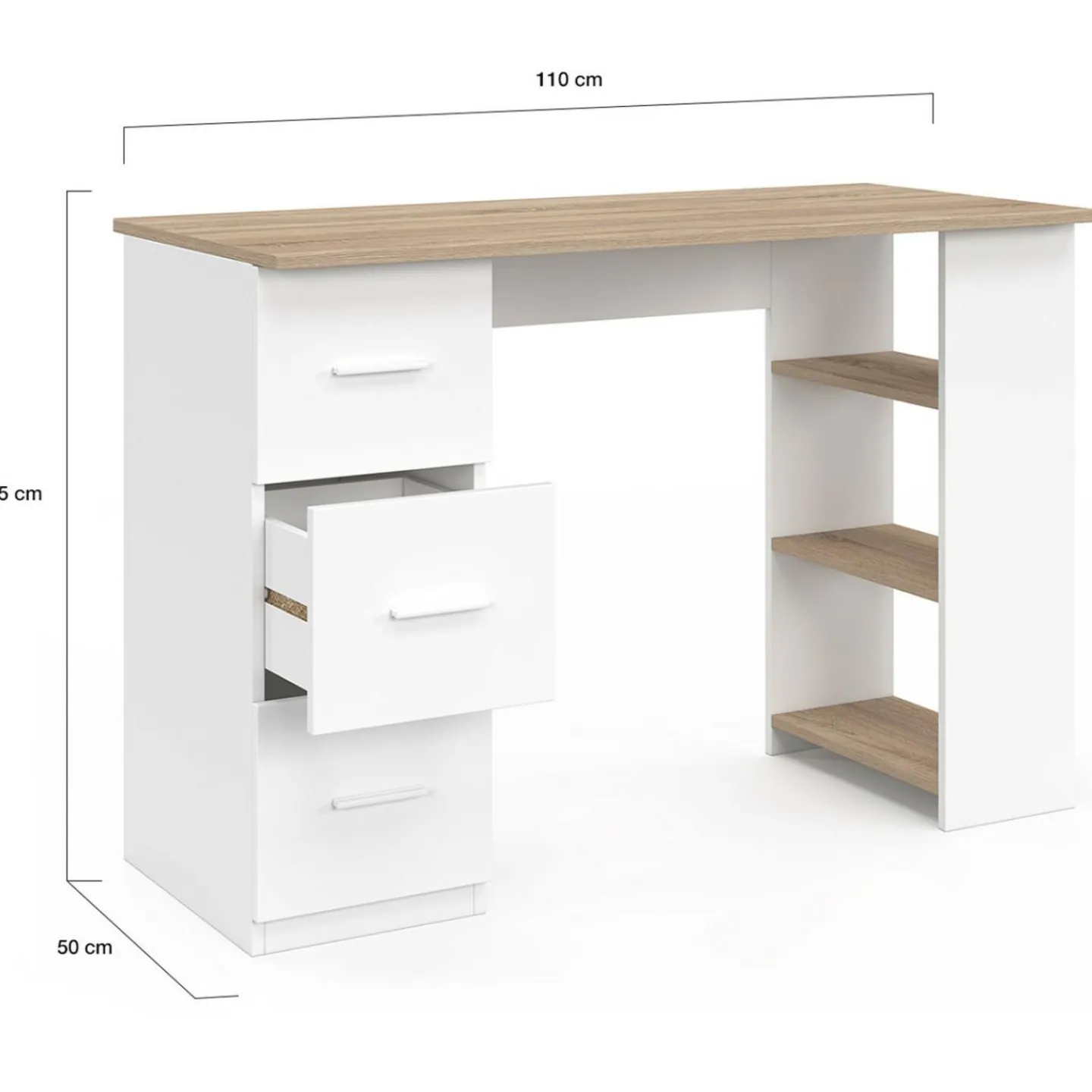 Bureau droit 3 tiroirs avec étagères de rangement blanc et bois*IDMarket Online