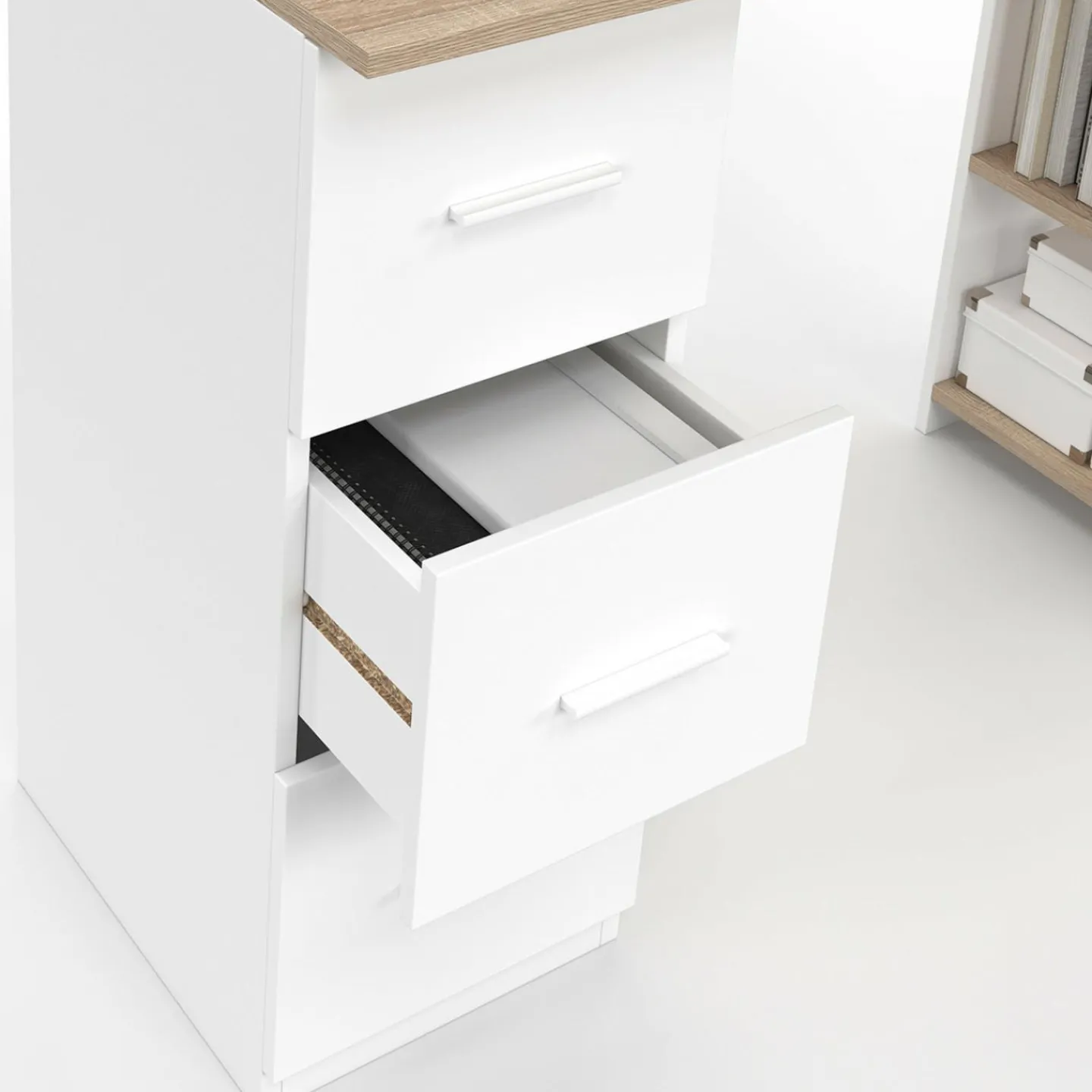 Bureau droit 3 tiroirs avec étagères de rangement blanc et bois*IDMarket Online