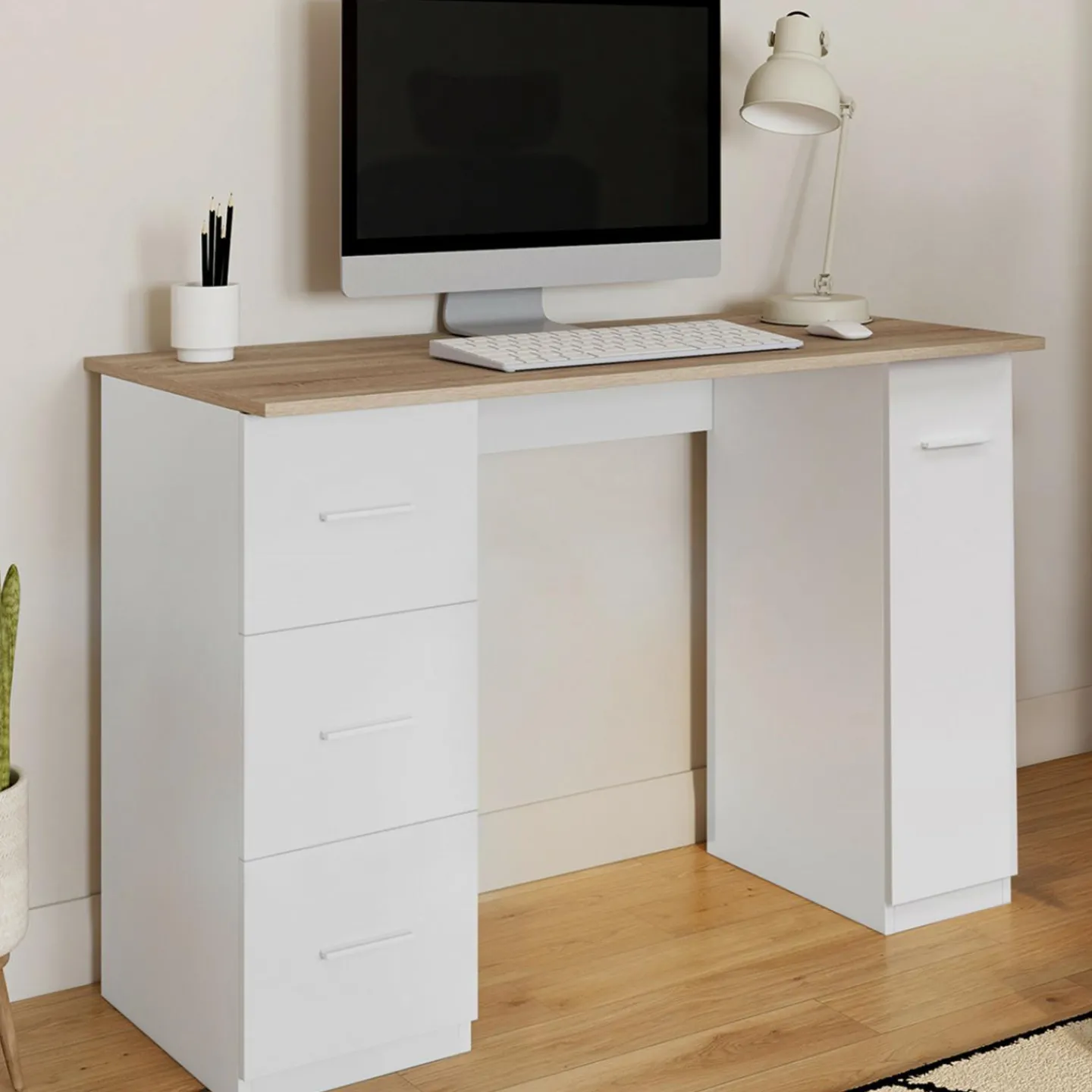 Bureau droit 3 tiroirs et porte placard blanc et bois*IDMarket Hot