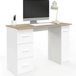 Bureau droit 3 tiroirs et porte placard blanc et bois*IDMarket Hot