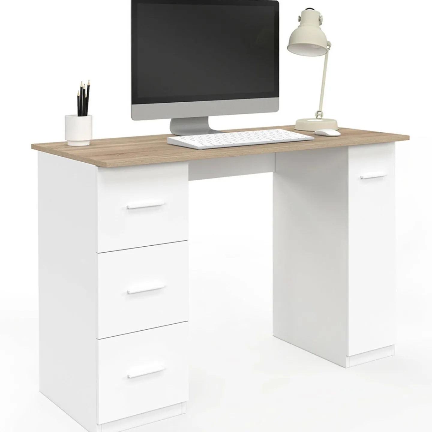 Bureau droit 3 tiroirs et porte placard blanc et bois*IDMarket Hot