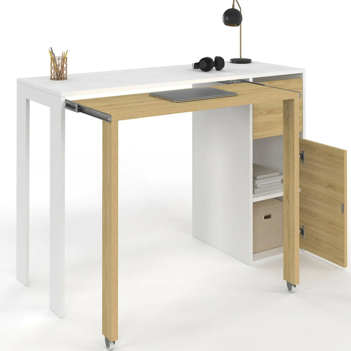 Bureau extensible blanc et bois avec rangements*IDMarket Discount