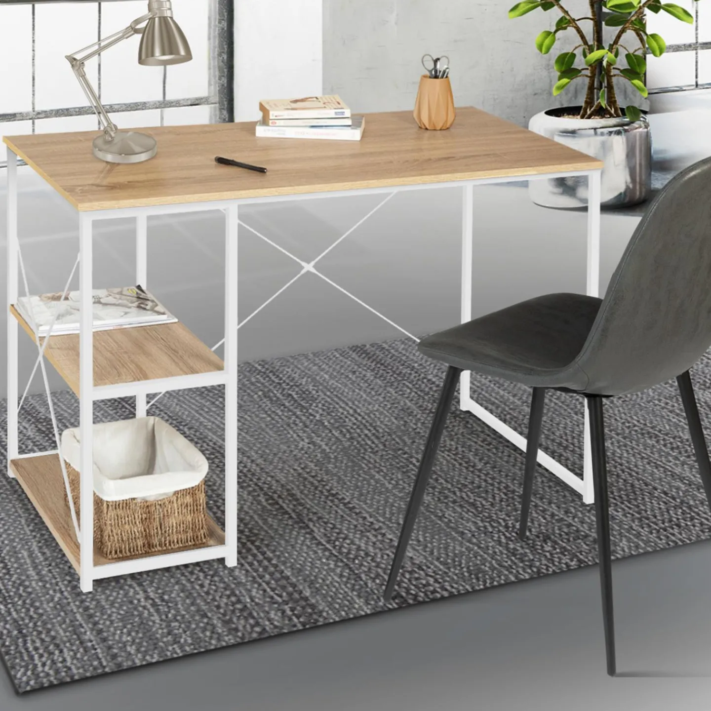 Bureau industriel droit avec plateaux bois et métal blanc*IDMarket Clearance