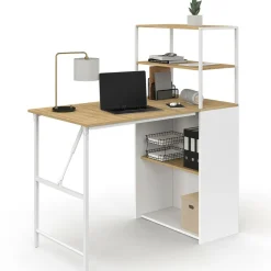 Bureau pliable avec étagères bois façon hêtre et blanc*IDMarket Hot