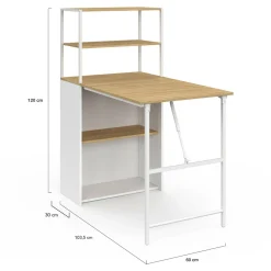 Bureau pliable avec étagères bois façon hêtre et blanc*IDMarket Hot