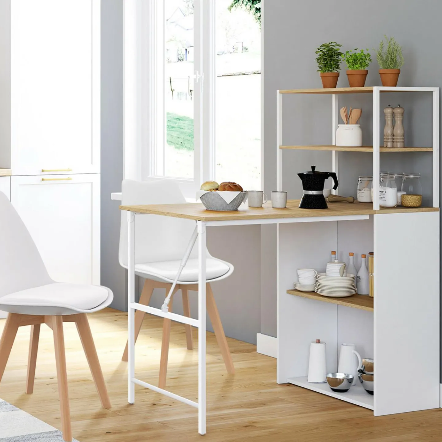 Bureau pliable avec étagères bois façon hêtre et blanc*IDMarket Hot