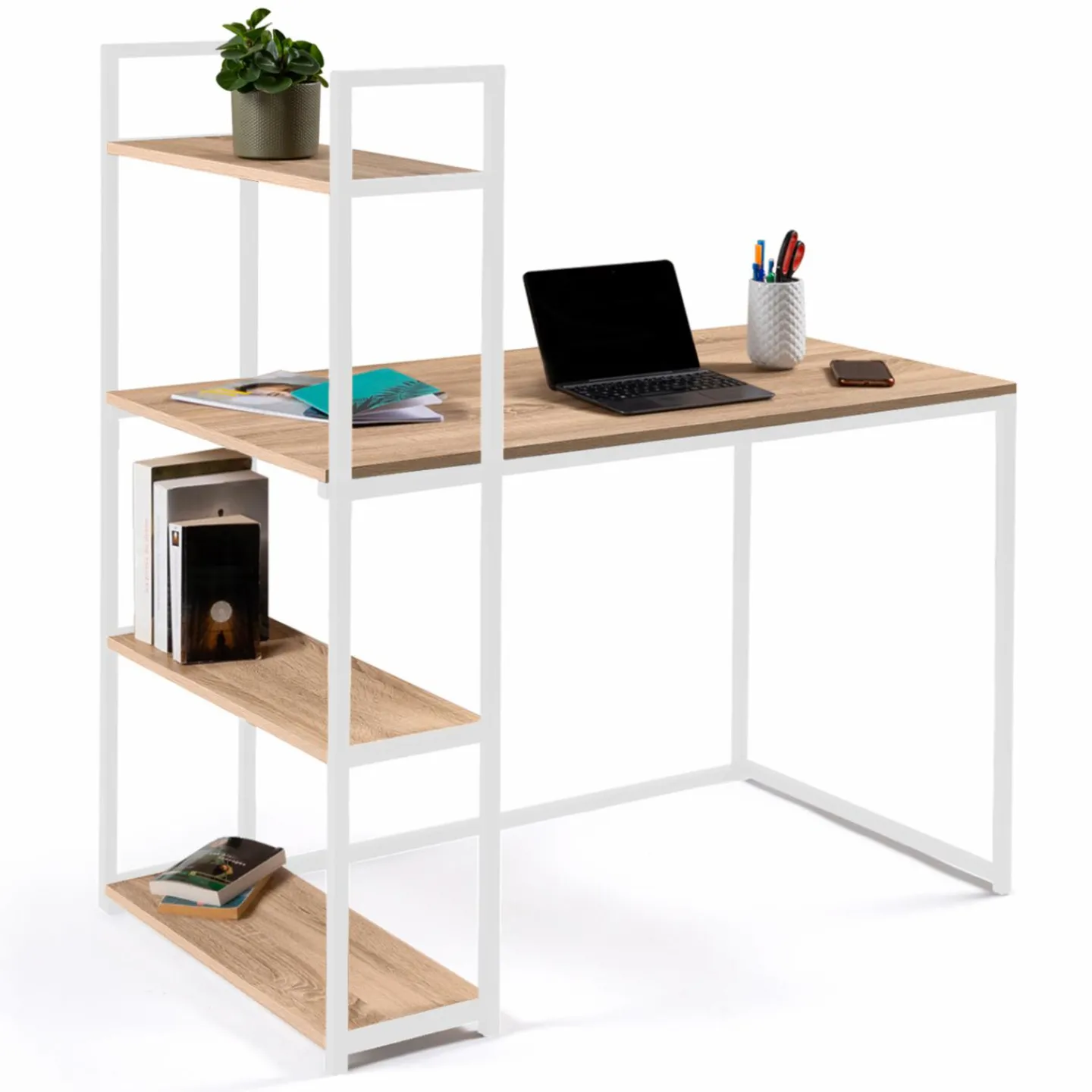 Bureau style industriel en métal blanc et bois avec étagères*IDMarket