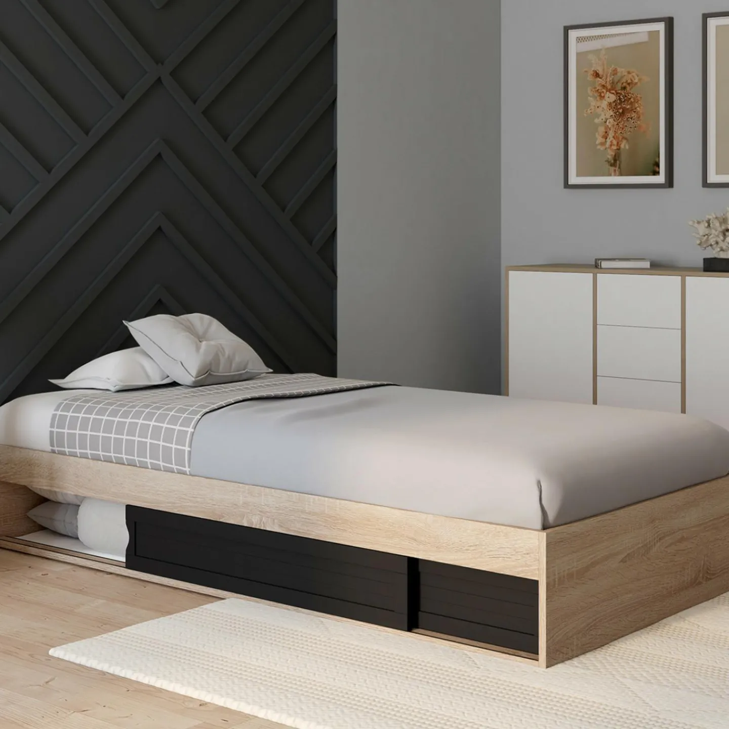 Cadre de lit simple 90x190 cm bois façon hêtre et noir avec rangement et sommier 10 lattes*IDMarket