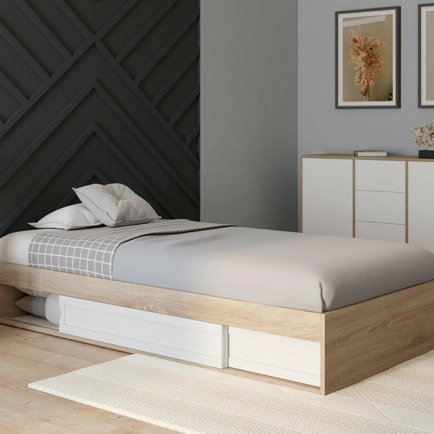 Cadre de lit simple 90x190 cm bois façon hêtre et blanc avec rangement et sommier 10 lattes*IDMarket Outlet