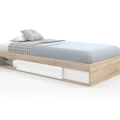Cadre de lit simple 90x190 cm bois façon hêtre et blanc avec rangement et sommier 10 lattes*IDMarket Outlet