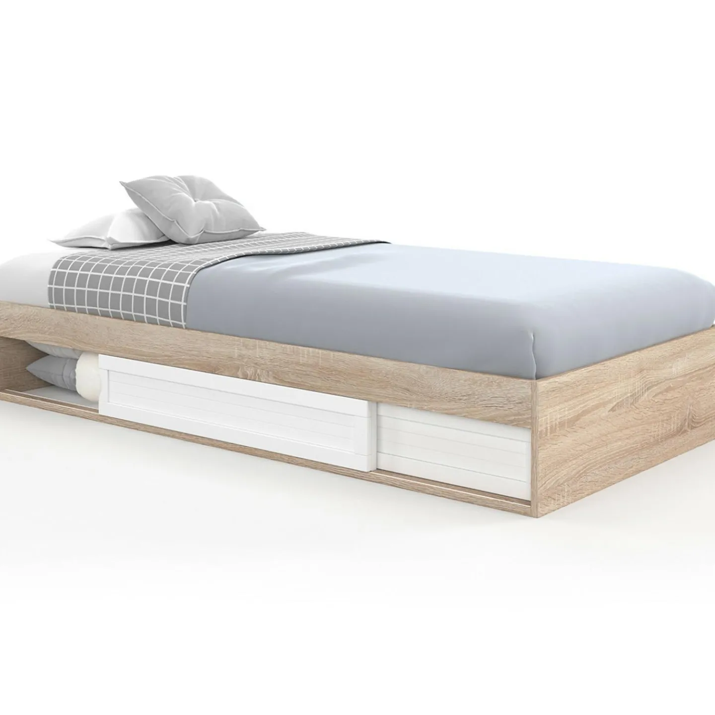 Cadre de lit simple 90x190 cm bois façon hêtre et blanc avec rangement et sommier 10 lattes*IDMarket Outlet