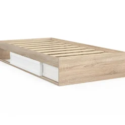 Cadre de lit simple 90x190 cm bois façon hêtre et blanc avec rangement et sommier 10 lattes*IDMarket Outlet