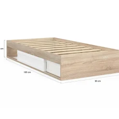 Cadre de lit simple 90x190 cm bois façon hêtre et blanc avec rangement et sommier 10 lattes*IDMarket Outlet