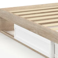 Cadre de lit simple 90x190 cm bois façon hêtre et blanc avec rangement et sommier 10 lattes*IDMarket Outlet
