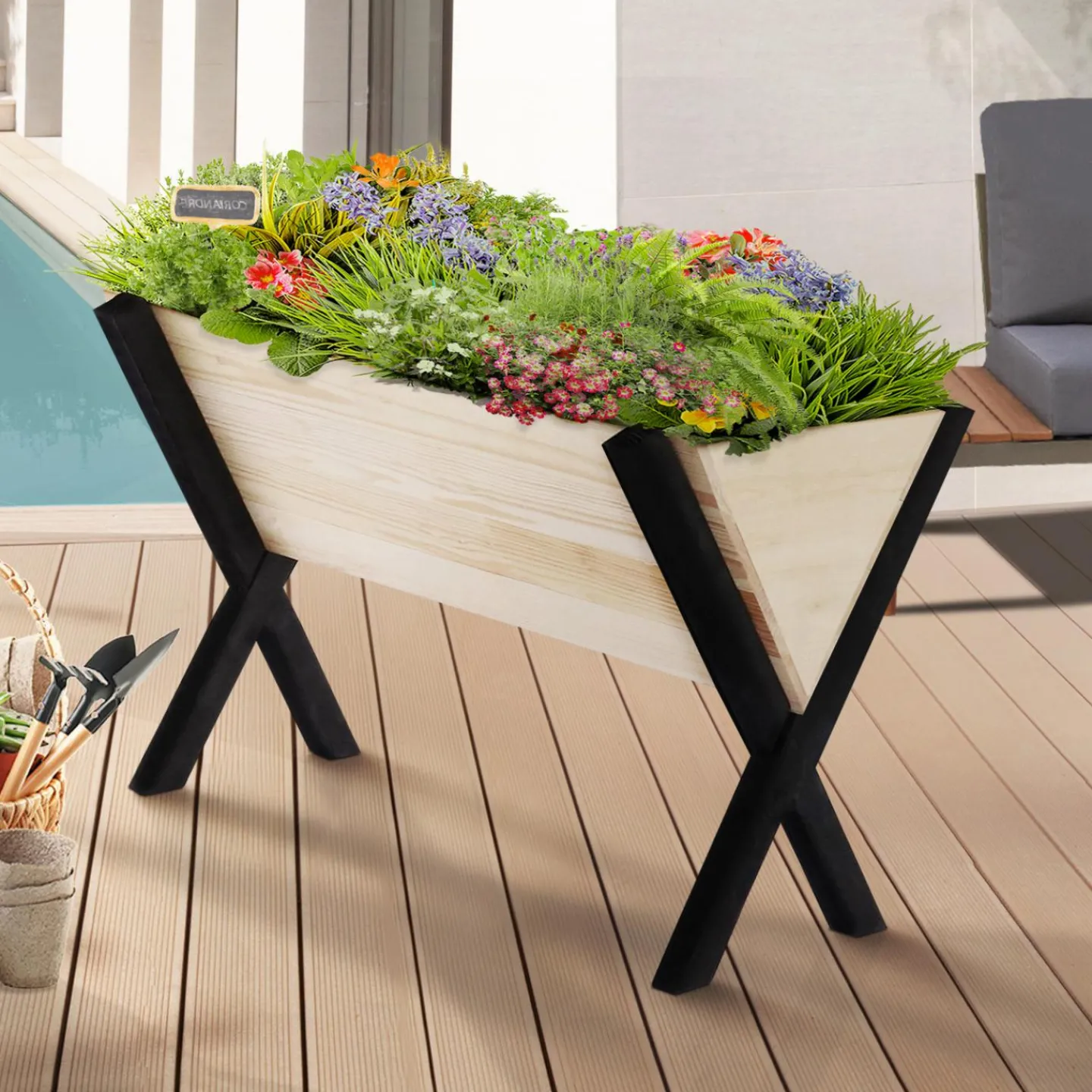 Carré potager jardinière sur pieds bois et noir balcon / terrasse*IDMarket