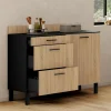 Casserolier bois noir et façon hêtre 120 cm plan de travail H.83 cm 1 porte + 3 tiroirs*IDMarket Outlet