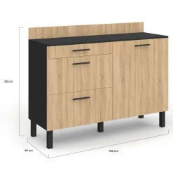 Casserolier bois noir et façon hêtre 120 cm plan de travail H.83 cm 1 porte + 3 tiroirs*IDMarket Outlet