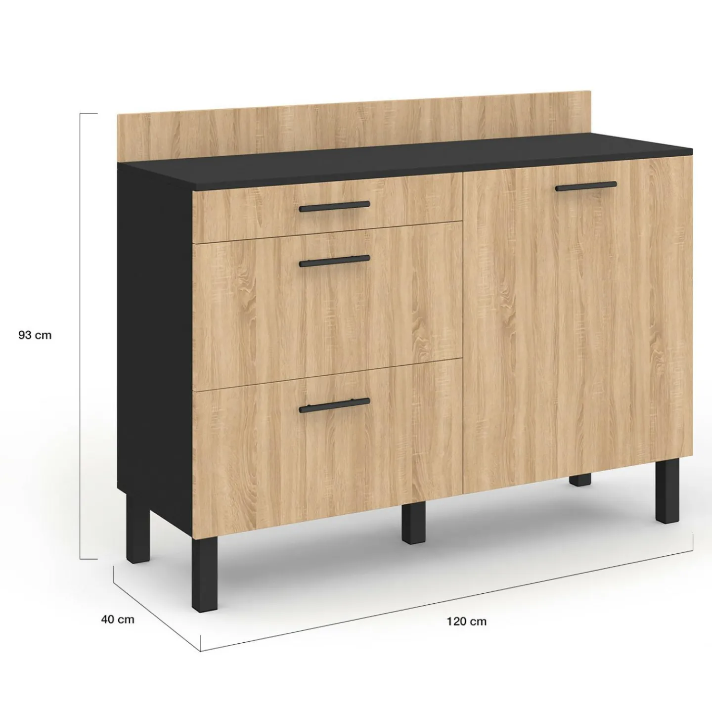 Casserolier bois noir et façon hêtre 120 cm plan de travail H.83 cm 1 porte + 3 tiroirs*IDMarket Outlet