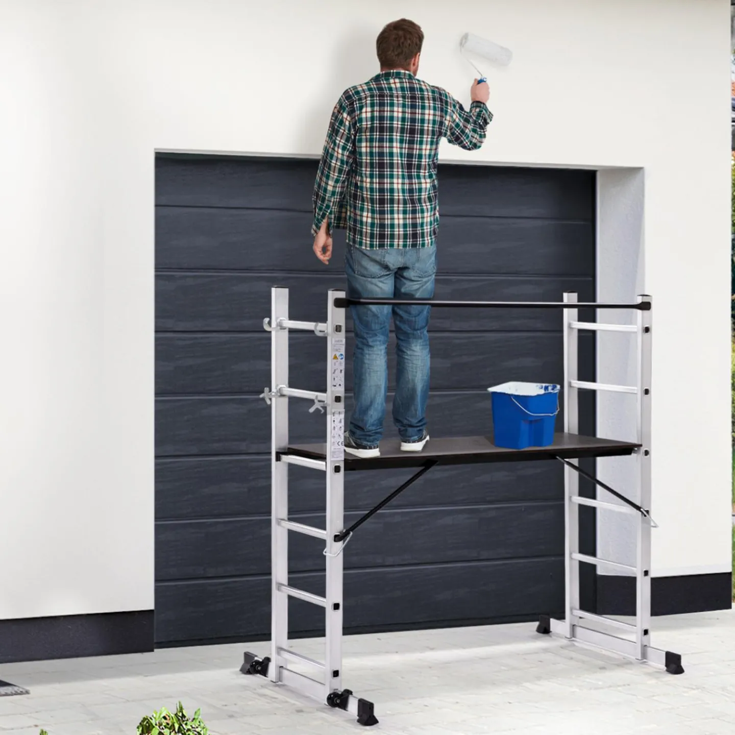 Échafaudage aluminium plateforme modulable avec échelle multifonction, sur roues, 165 cm*IDMarket