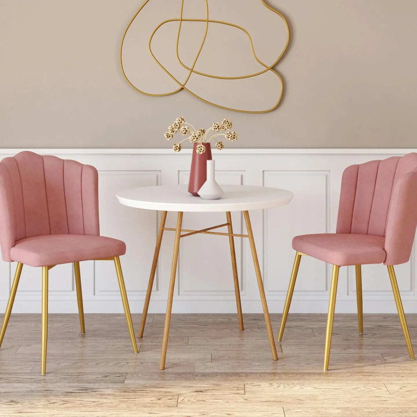 Chaises coquillage rose en velours et pieds dorés*IDMarket Outlet