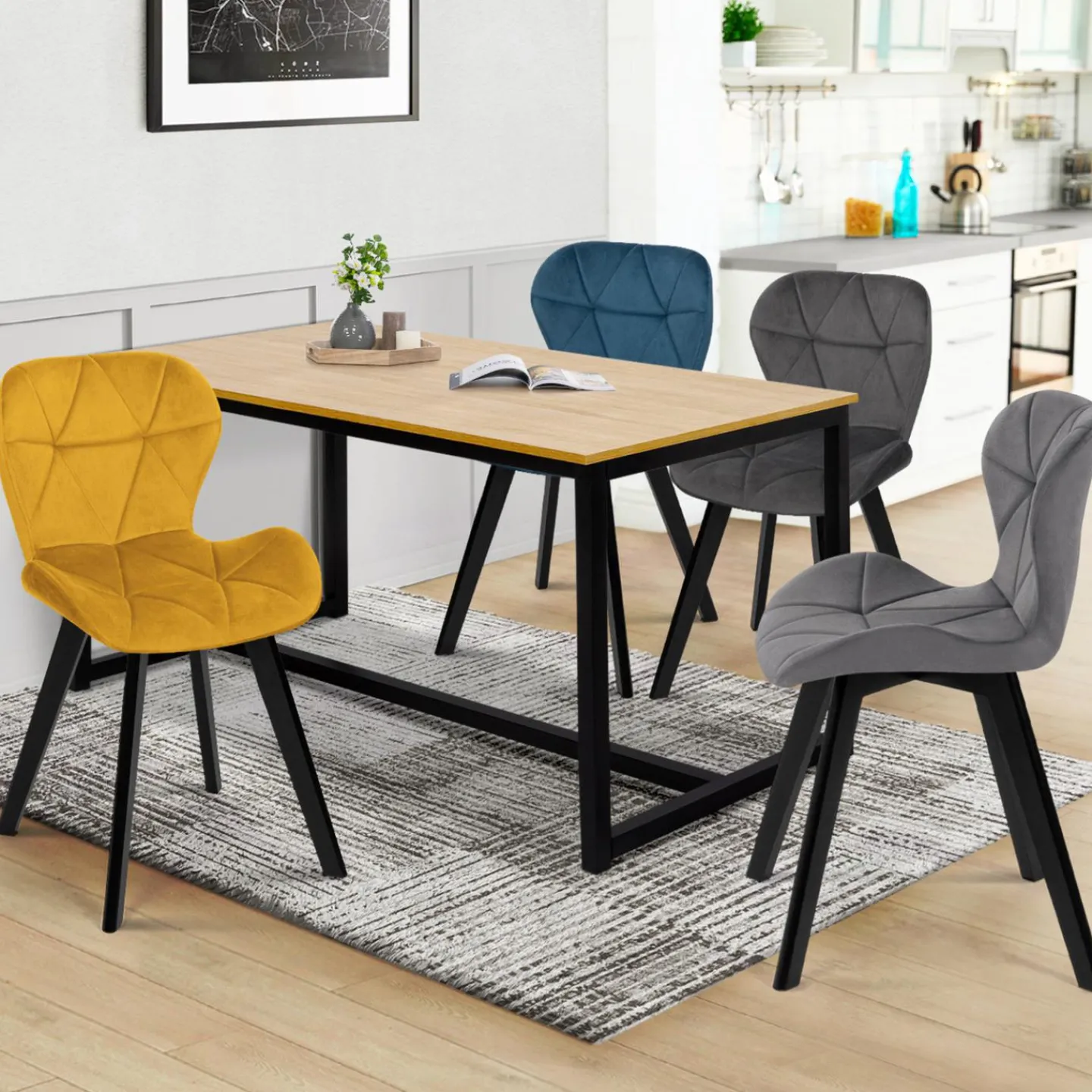 Chaises en velours matelassée bleu, gris foncé, gris clair et jaune*IDMarket Online