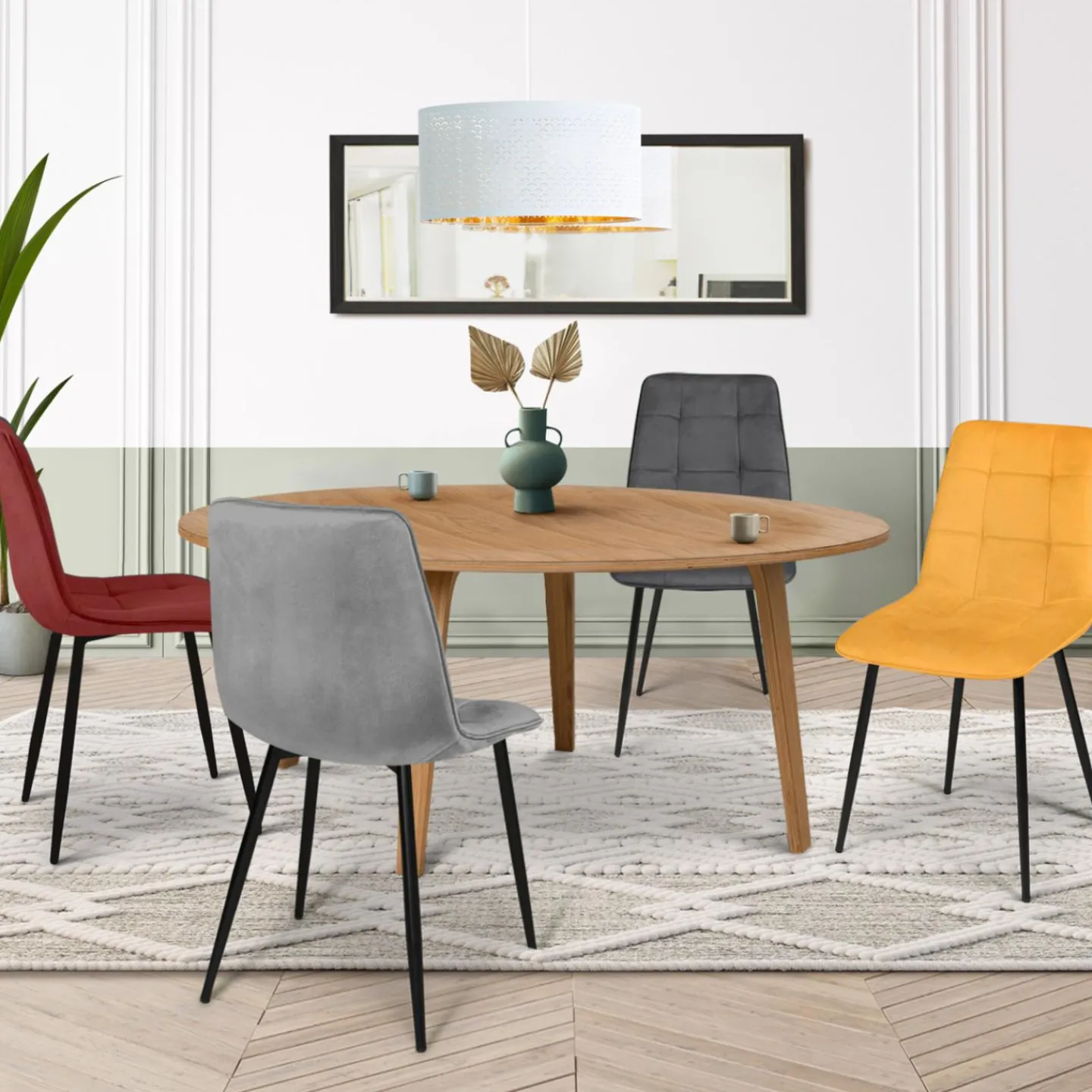 Chaises en velours mix color (bordeaux, gris et jaune) : lot de 4*IDMarket