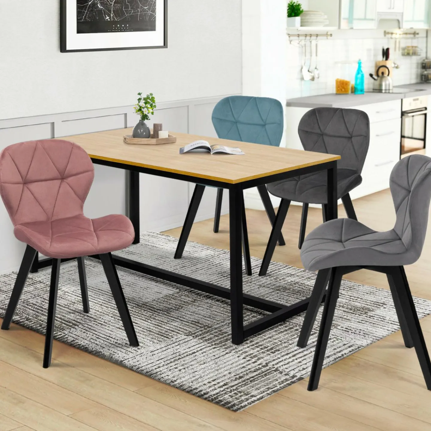 Chaises en velours pastel bleu, gris clair, gris foncé et rose*IDMarket Clearance