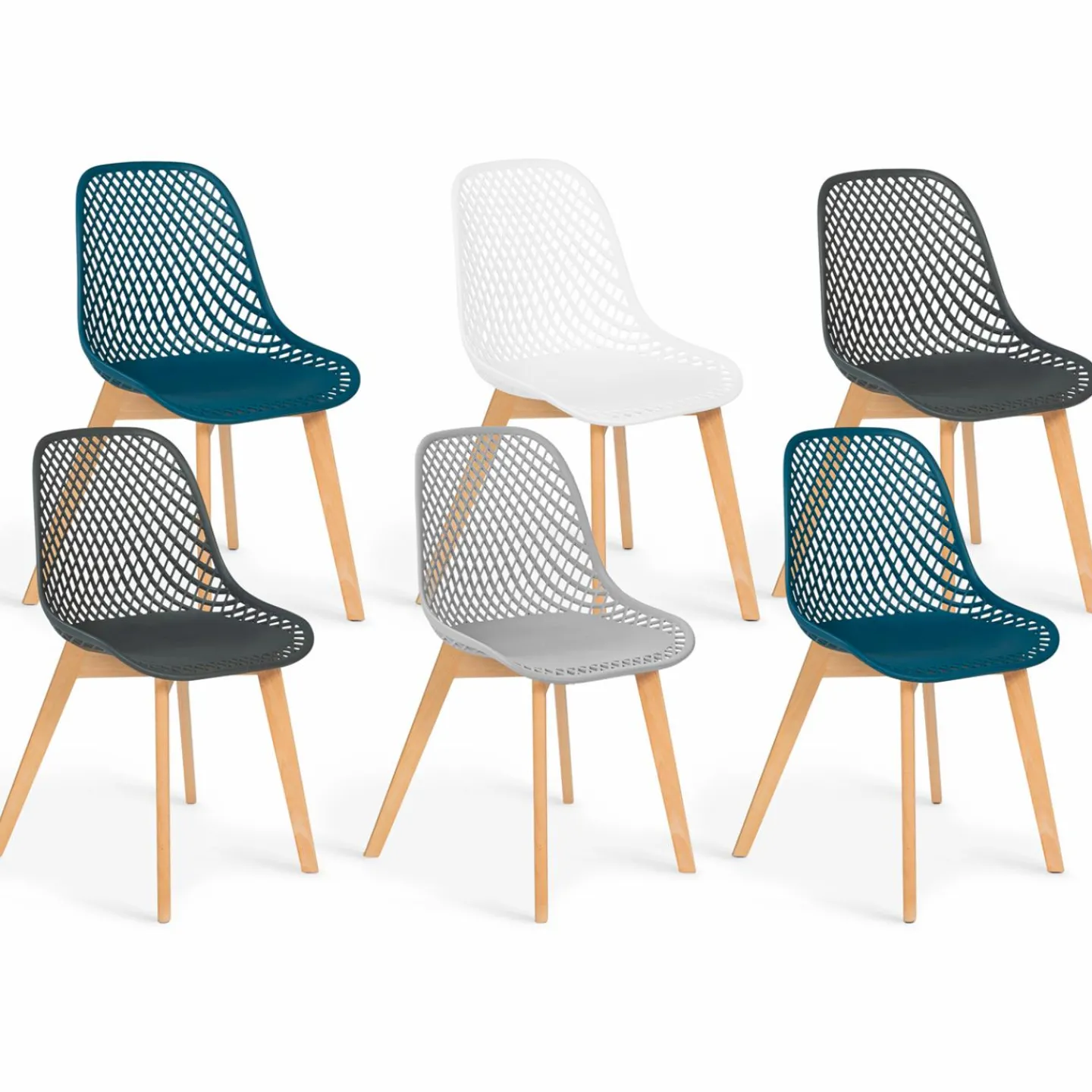 Chaises scandinaves bleu x2, blanc, gris clair et gris foncé x2 avec dossier ajouré*IDMarket Online