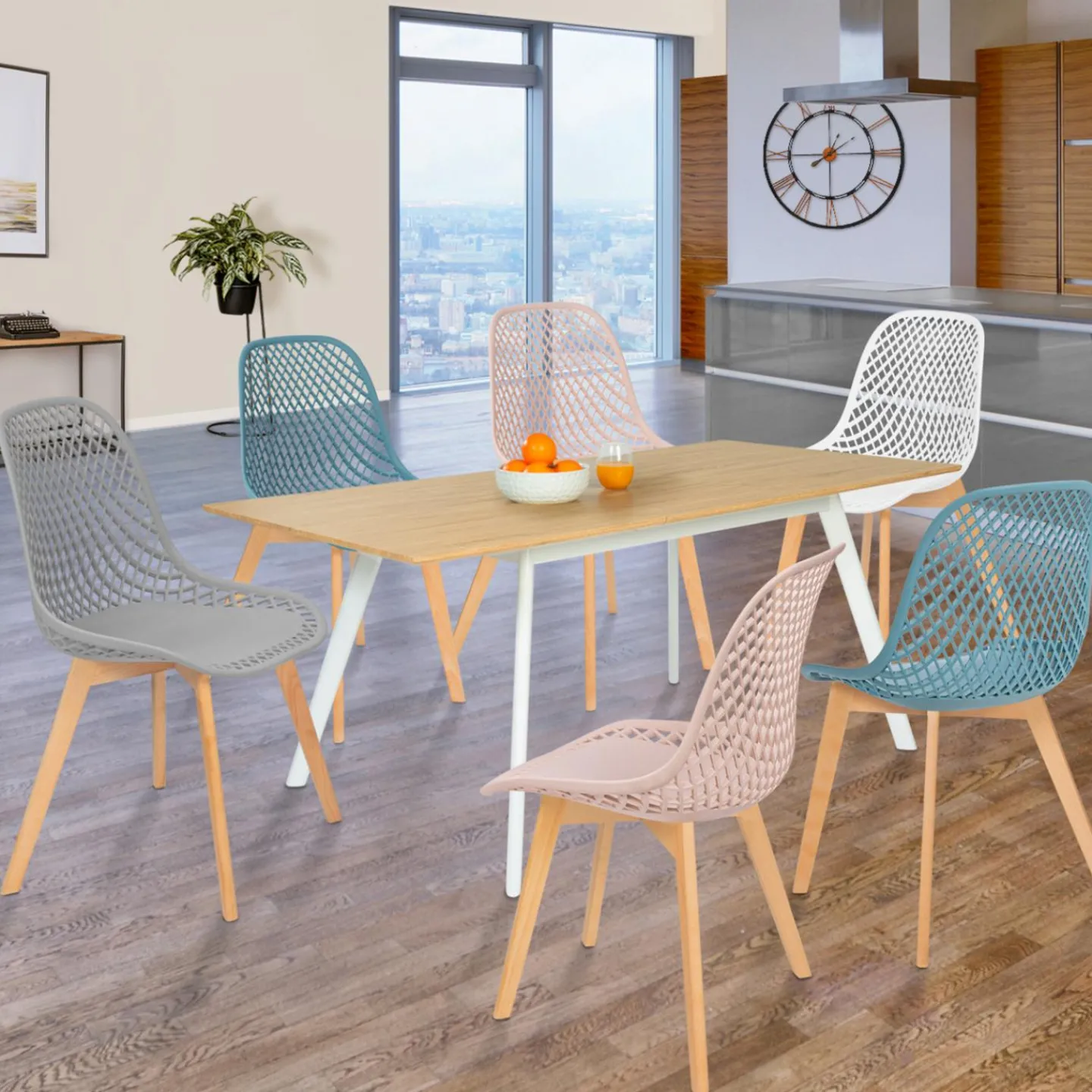 Chaises scandinaves pastel rose, blanc, gris clair x2, bleu x2 avec dossier ajouré*IDMarket Sale