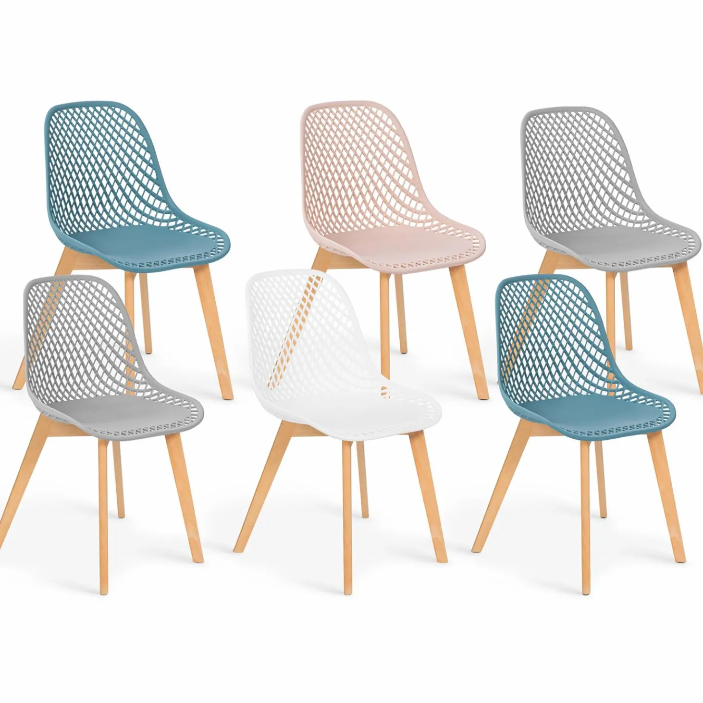 Chaises scandinaves pastel rose, blanc, gris clair x2, bleu x2 avec dossier ajouré*IDMarket Sale
