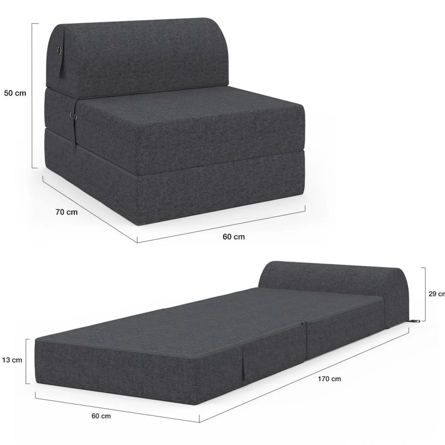 Chauffeuse convertible 1 place en tissu gris anthracite*IDMarket New