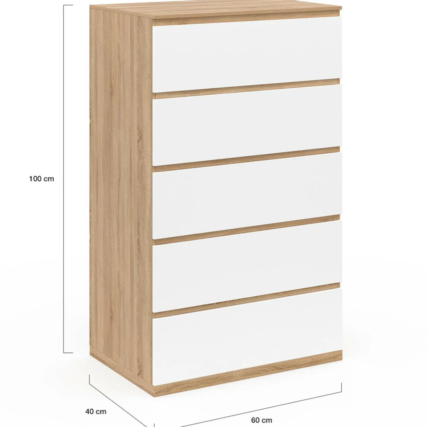 Chiffonier commode semainier bois façon hêtre et blanc 60 cm 5 tiroirs*IDMarket Hot