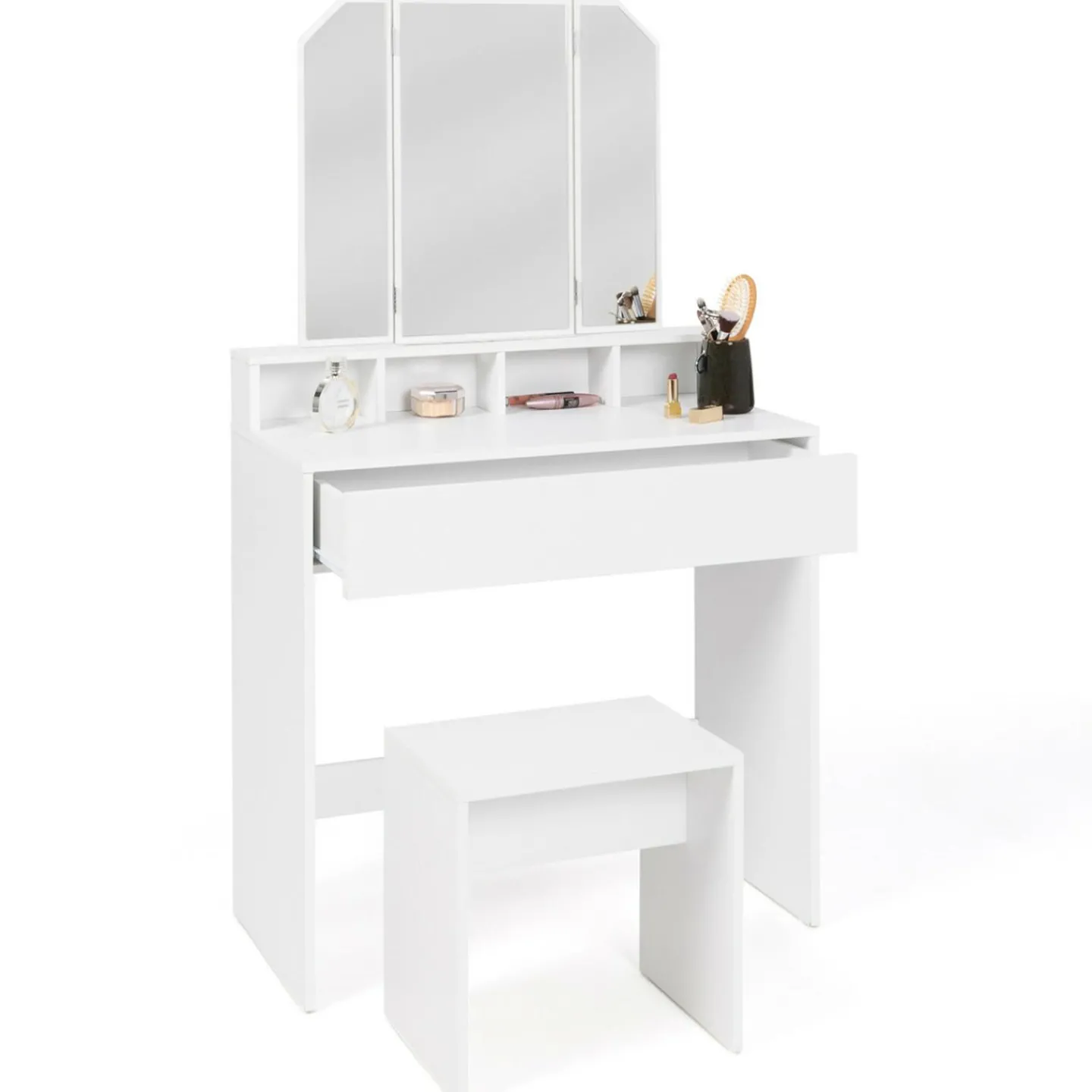 Coiffeuse 3 miroirs blanche avec 4 niches, 1 tiroir et tabouret*IDMarket Outlet