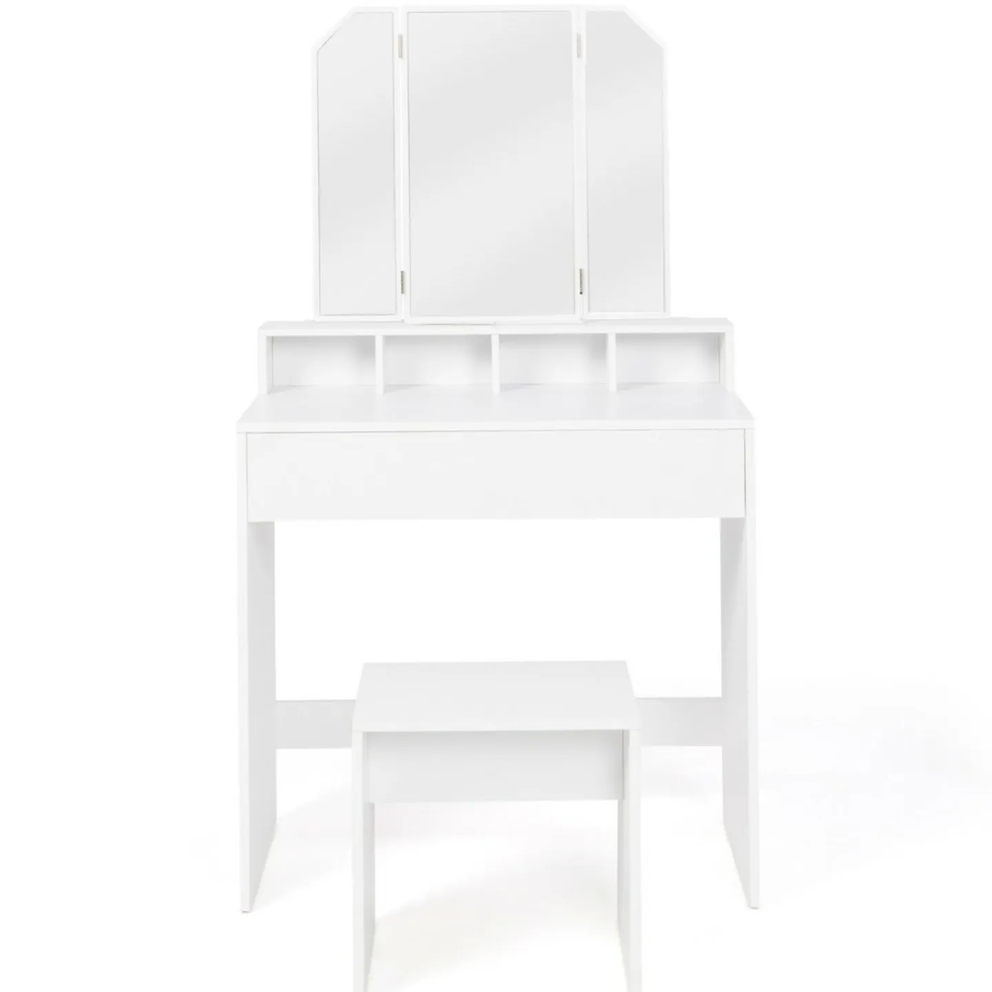 Coiffeuse 3 miroirs blanche avec 4 niches, 1 tiroir et tabouret*IDMarket Outlet